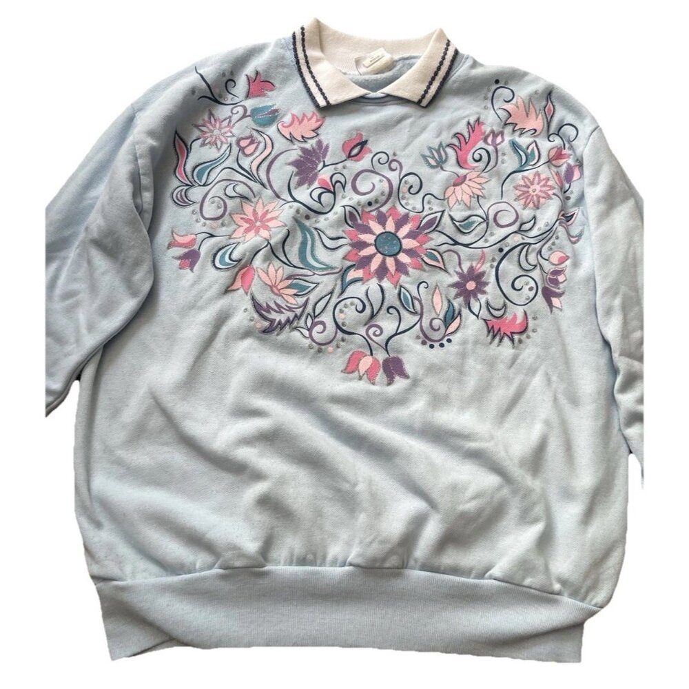 Vintage Haband For Her Collared Floral Blue Sweatshirt Collared Women’s Sz M